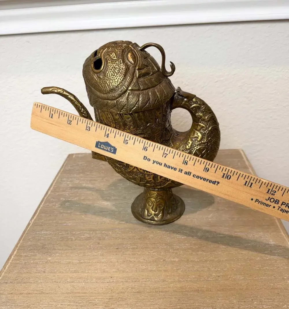 Vintage Hand-Carved Brass Fish Teapot Flagon with Pedestal Base